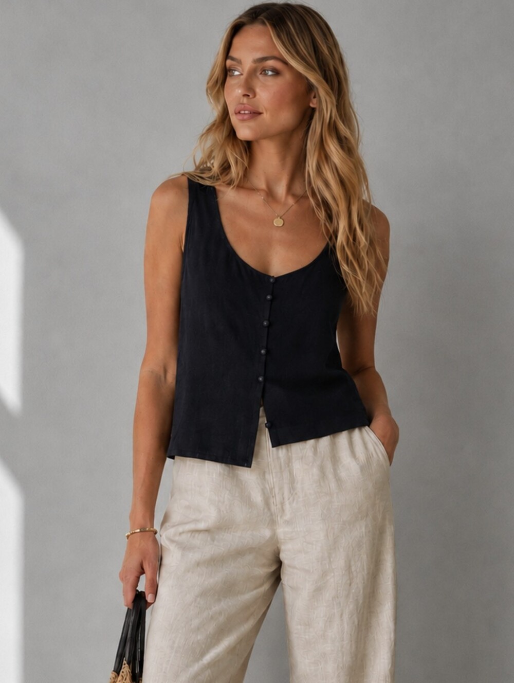 Princess Polly Linen Blend Vest Black Asymmetrical Scoop Neck Button Front 6